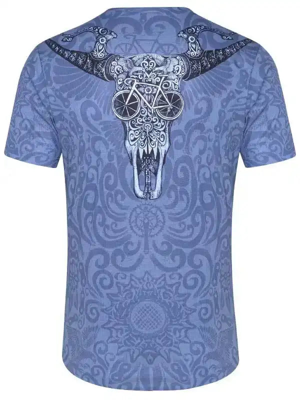 Blue cycling jersey with bull skull and bike graphic, intricate pattern design for men or women