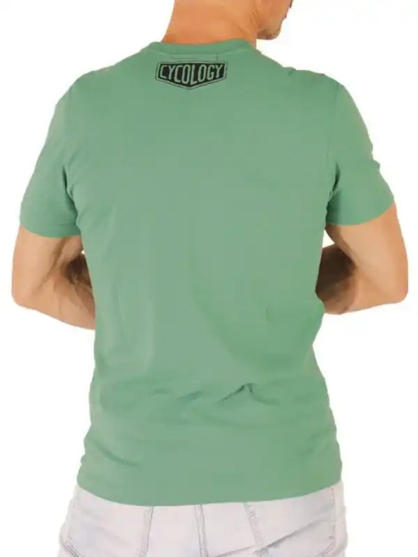 Men's green cycling t-shirt with Cycology logo on back, casual fit for active wear