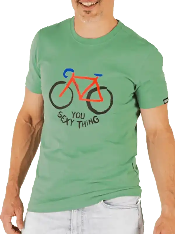 Men's green cycling t-shirt with funny bike graphic and 'You Sexy Thing' text, perfect for casual or ride wear.