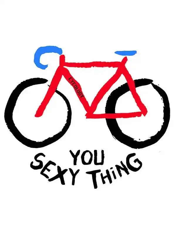 Red and blue sketch-style bike with 'YOU SEXY THING' text, cycling apparel design