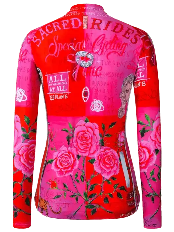 Women's cycling jersey with bold pink roses and graphic text design, long sleeve, vibrant red background
