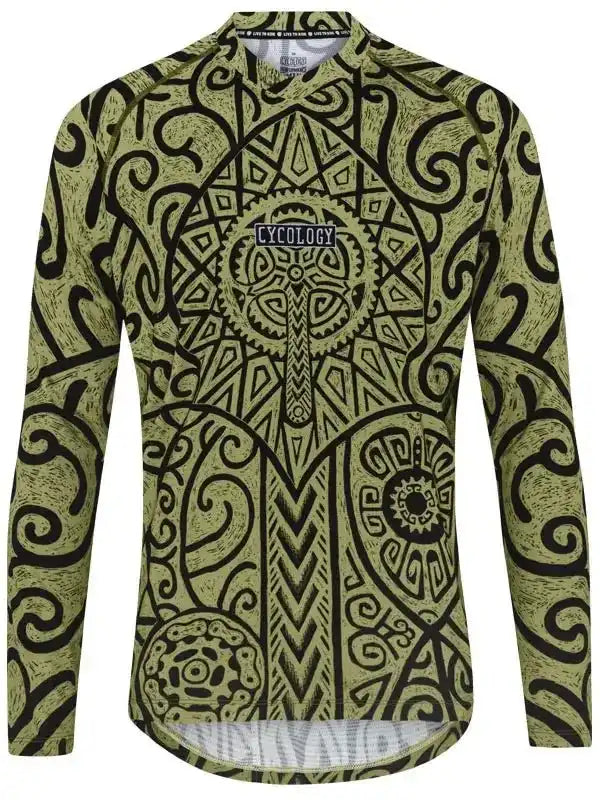 Men's long sleeve cycling jersey with olive green tribal print and black geometric patterns