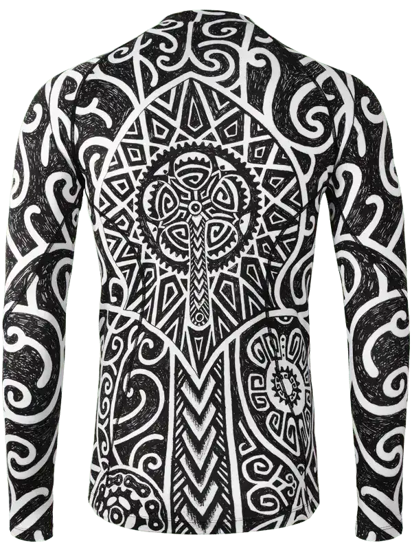 Men's long sleeve cycling jersey with bold black and white tribal gear pattern, ideal for road biking
