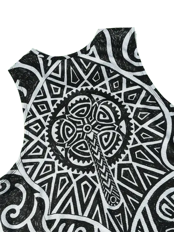 Black and white geometric cycling jersey with gear and tribal pattern design