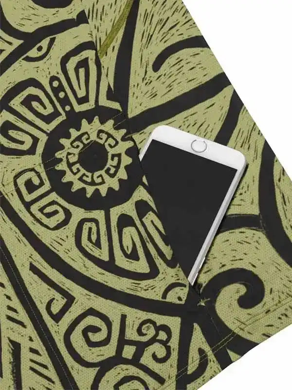 Cycling jersey pocket holding phone, olive green with black geometric pattern, functional design for riders