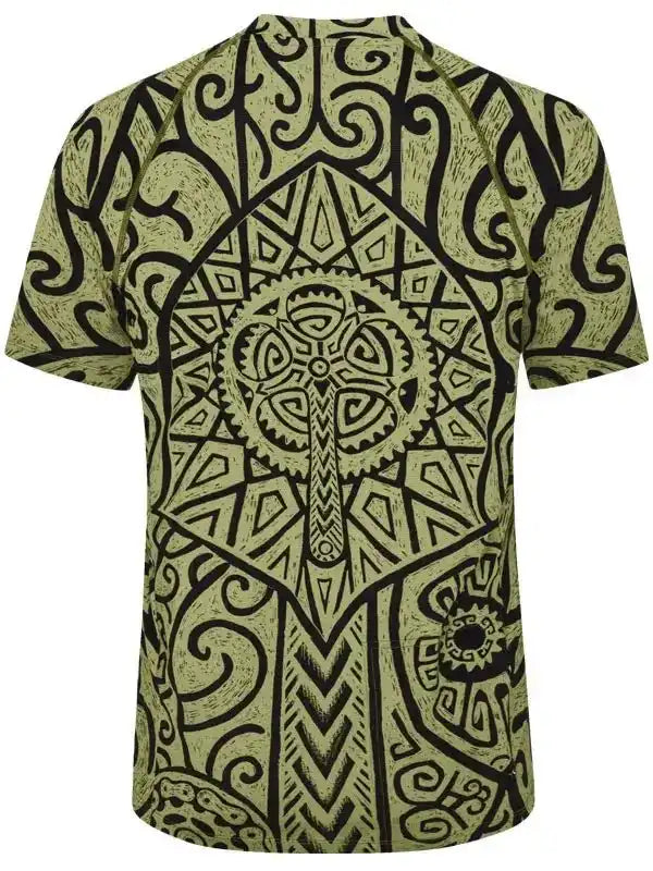 Men's cycling jersey with intricate black tribal and gear pattern on olive green fabric