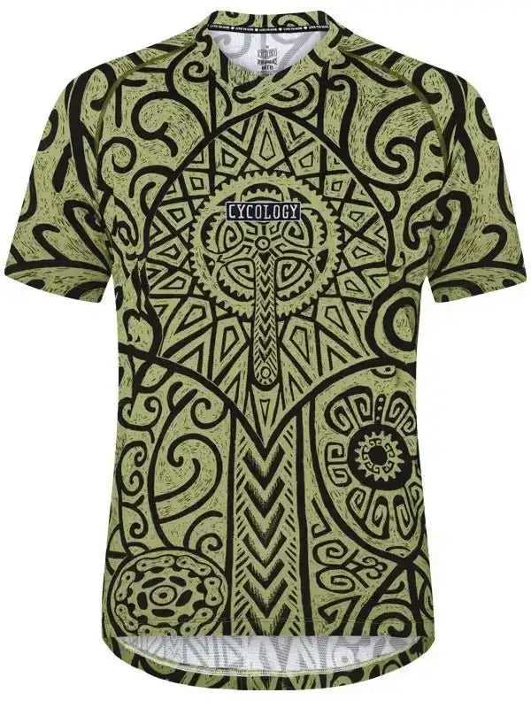 Men's cycling jersey with intricate green and black tribal pattern, featuring 'CYCOLOGY' logo on chest