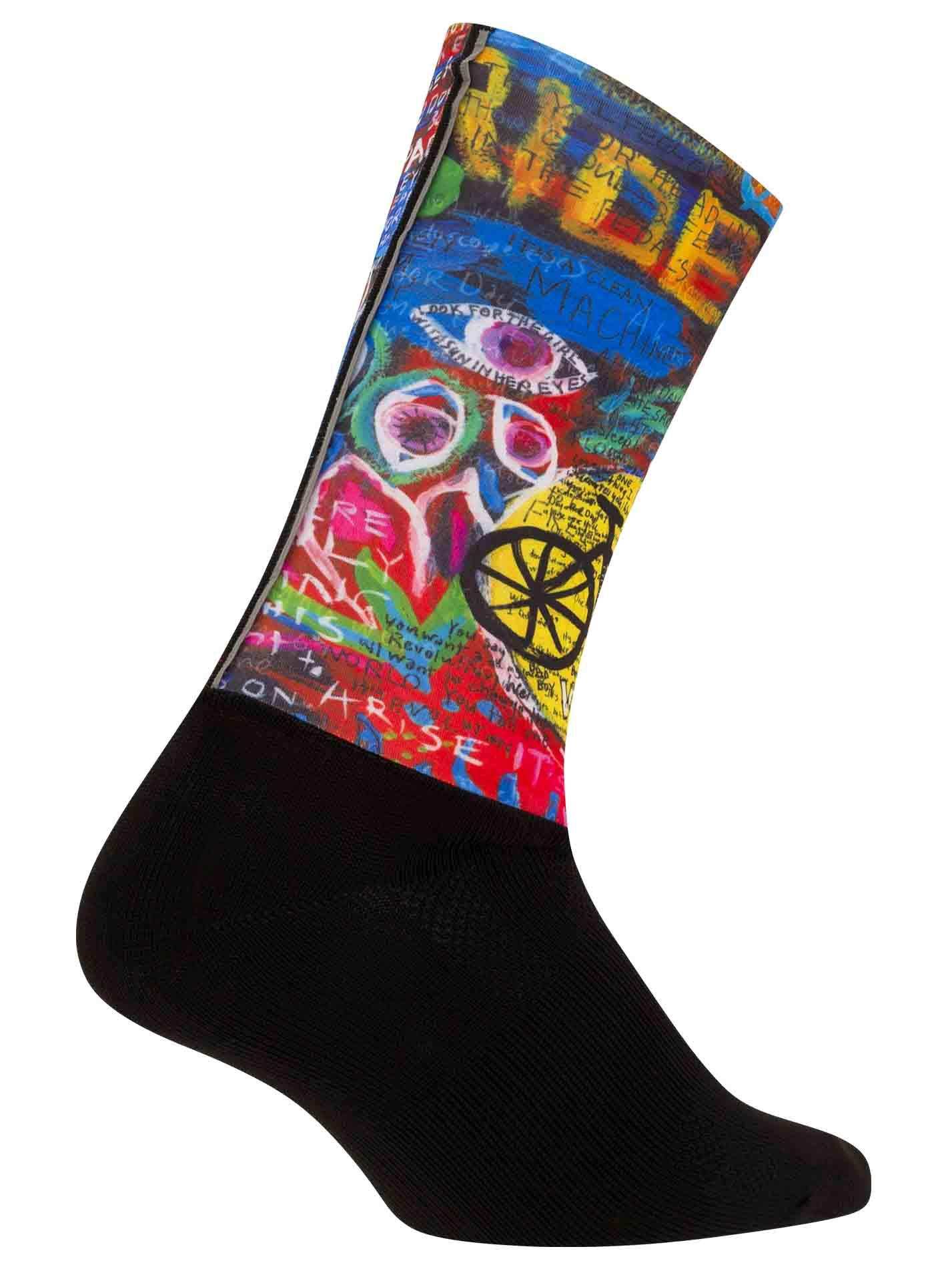 Colorful cycling sock with vibrant graffiti art, bike wheel design, and bold text for men's and women's bike rides.