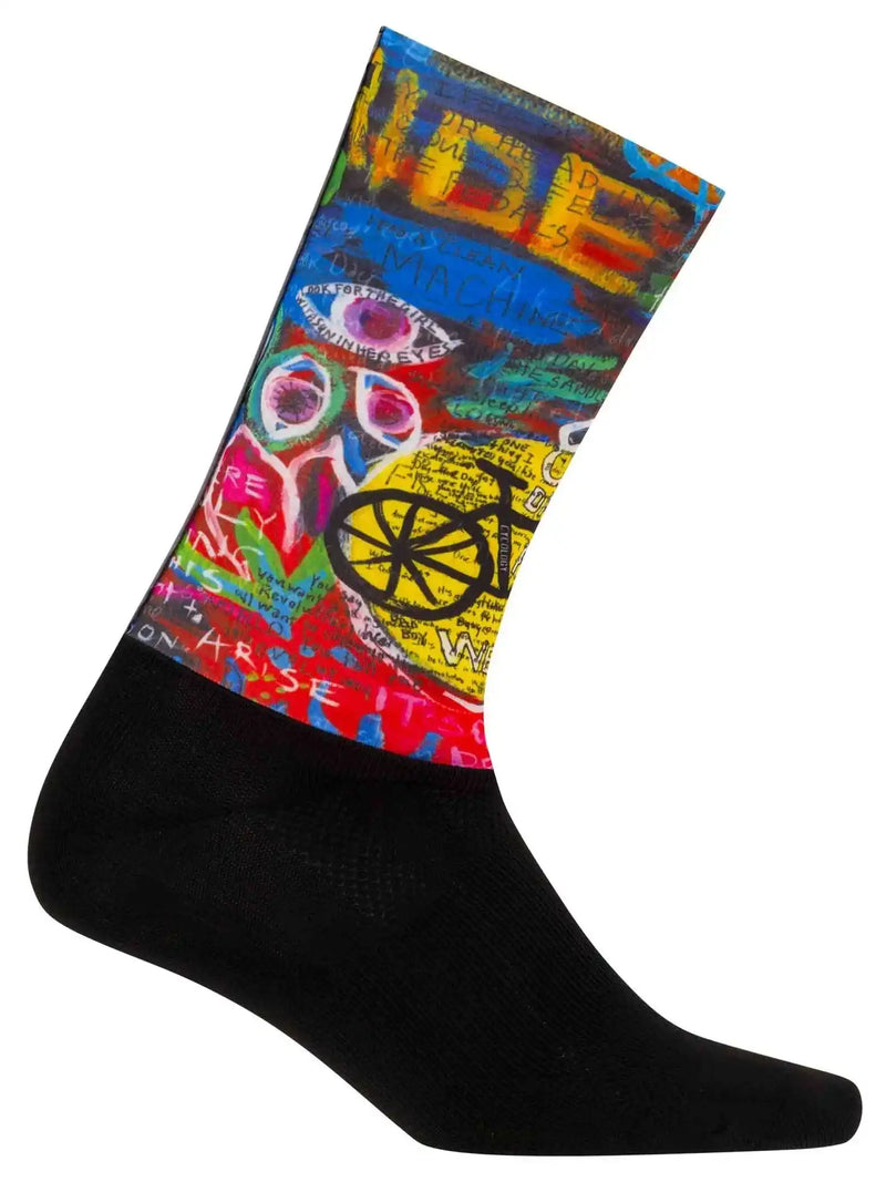 Colorful cycling sock with bike graphic and artistic text design, black foot, vibrant patterns