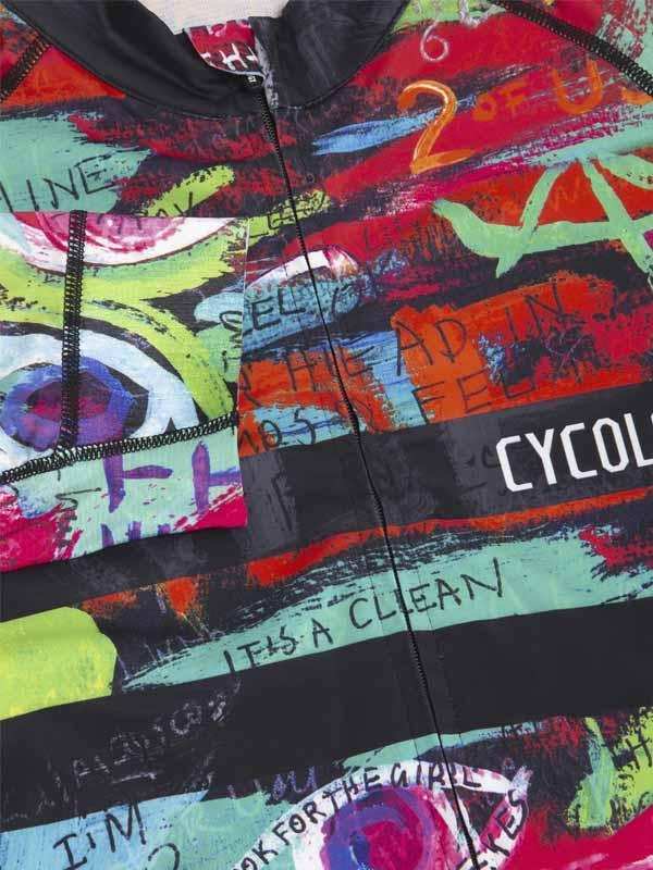 Colorful graffiti-style cycling jersey with bold graphics and 'CYCOL' text, ideal for road biking.