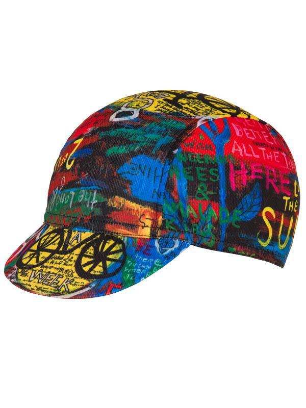 Colorful graffiti-style cycling cap with bold text and bike graphics, perfect for men's and women's bike rides.