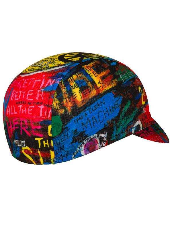 Colorful cycling cap with graffiti-style text and vibrant graphics for men and women