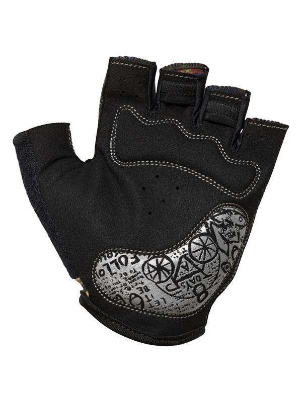 Black fingerless cycling glove with silver bike graphic and padded palm for men's and women's rides