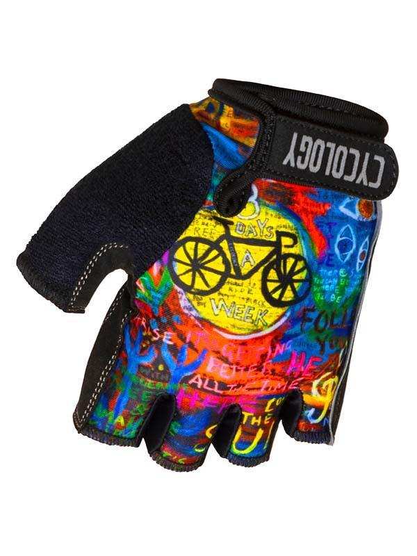 Colorful cycling glove with bike graphic and 'CYCOLOGY' wrist strap, fingerless design for men or women