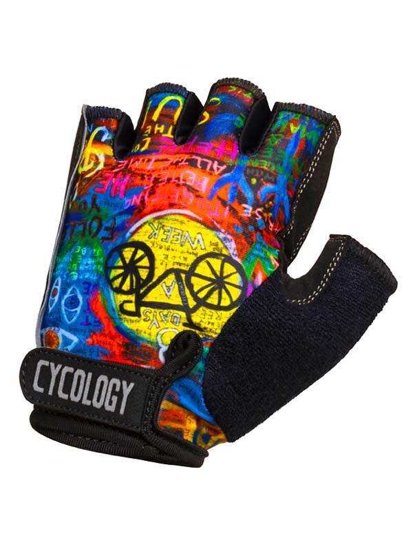 Colorful cycling glove with graffiti art and bike graphic, fingerless design for men and women
