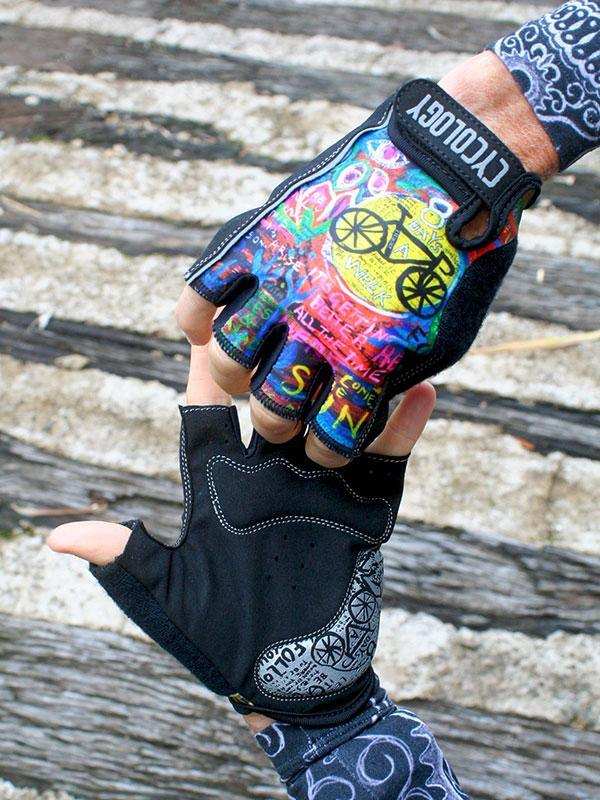 Colorful cycling gloves with bike graphics, fingerless design, and brand logo on wrist