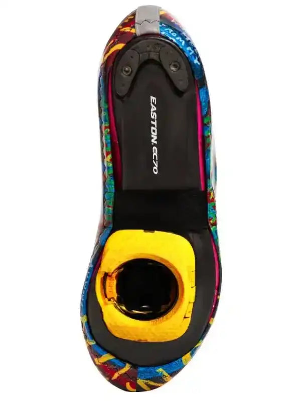 Easton EC70 cycling shoe sole with colorful pattern and yellow cleat area