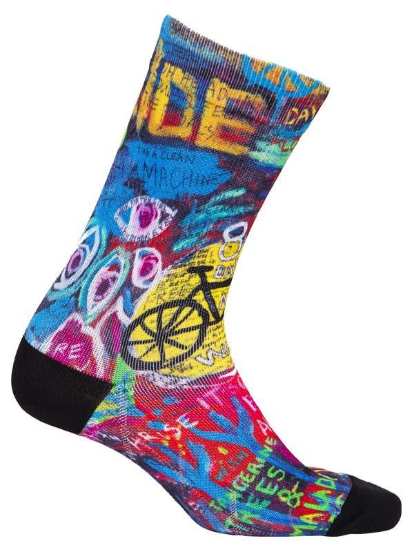 Colorful cycling sock with graffiti art, bike graphic, and bold text design for men and women riders