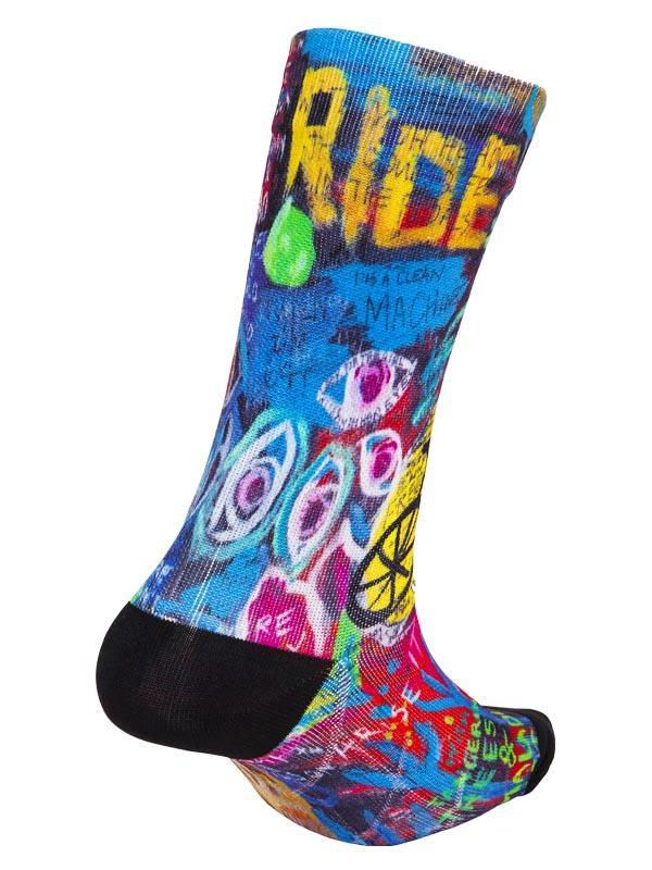 Colorful cycling sock with 'RIDE' graffiti art, vibrant patterns, and black toe/heel for men's or women's bike rides.