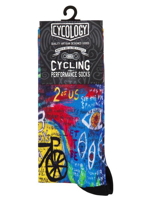 Colorful cycling performance socks with graffiti-style bike art, ideal for men's and women's cycling apparel