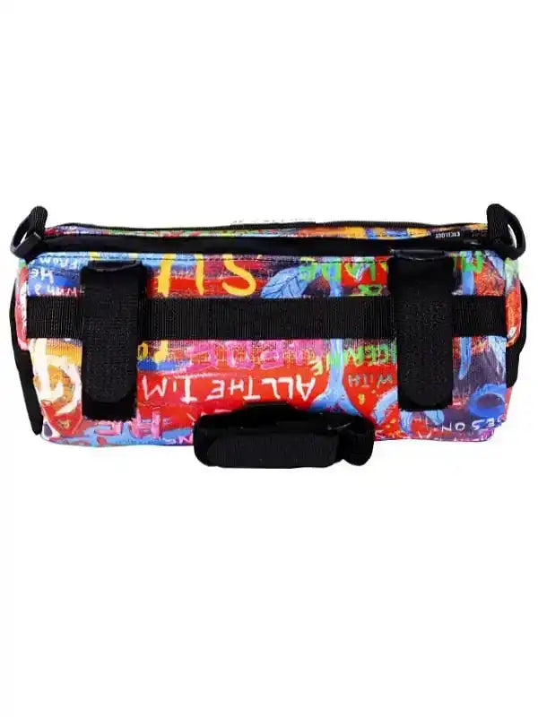 Colorful graffiti-style cycling frame bag with black straps and zipper
