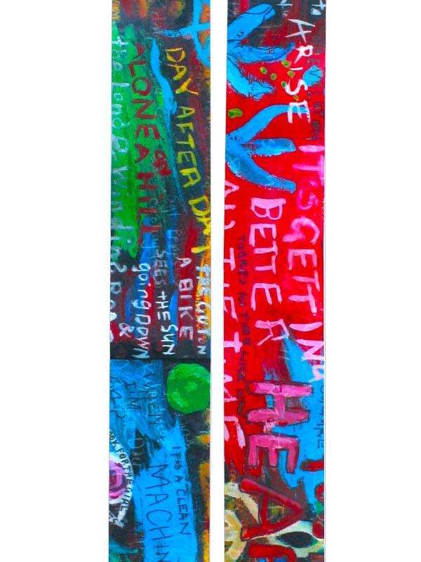 Vibrant graffiti-style cycling jersey panels with bold text and colorful abstract designs for men and women.