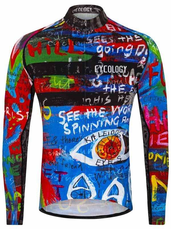 Men's long sleeve cycling jersey with vibrant graffiti-style print, bold colors, and artistic text design
