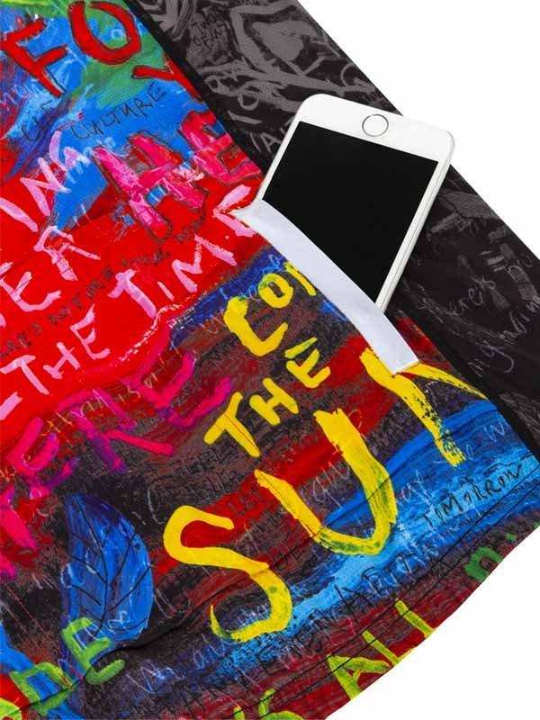 Colorful graffiti-style cycling shorts with phone pocket, vibrant street art design