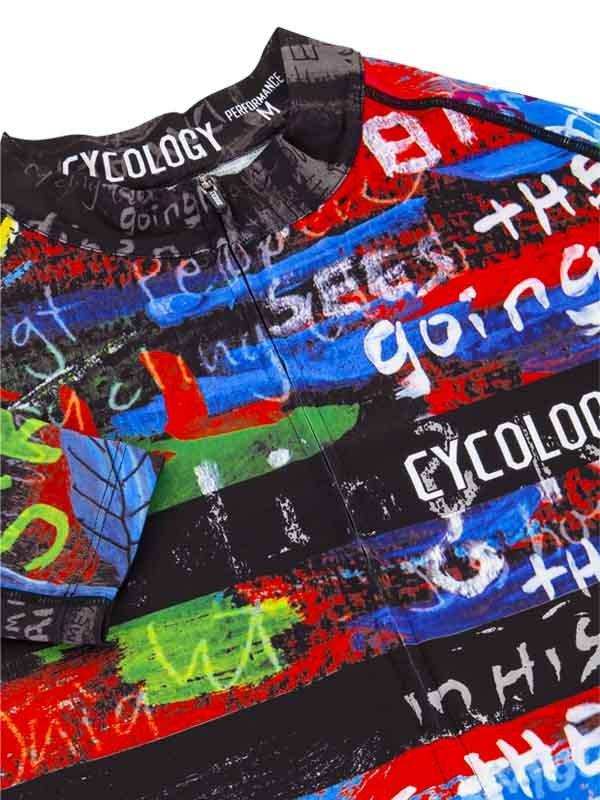 Colorful graffiti-style men's cycling jersey with bold text and vibrant graphics, designed for performance rides.