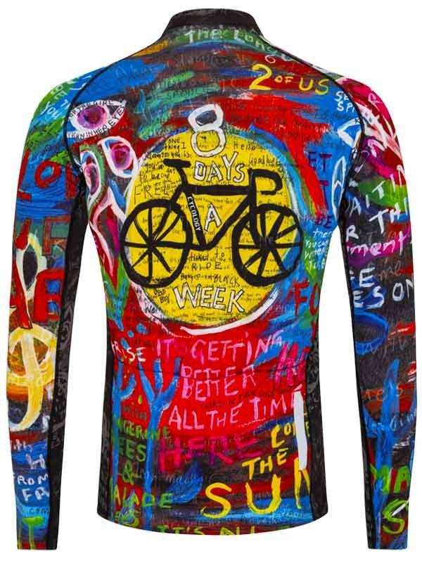 Men's long sleeve cycling jersey with vibrant graffiti art, bike graphic, and motivational text for road rides.