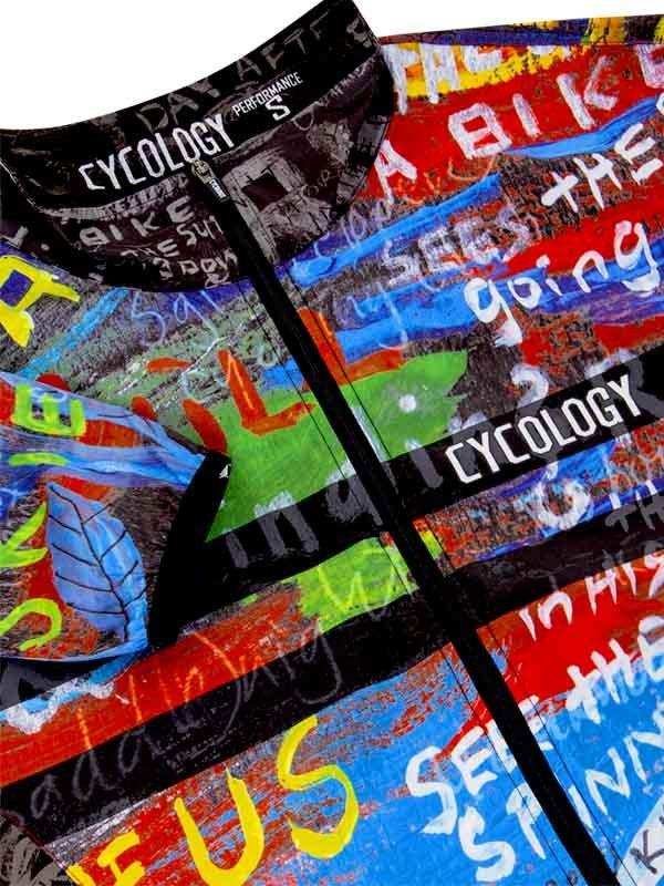 Colorful graffiti-style men's cycling jersey with bold text and vibrant graphics, perfect for road biking.