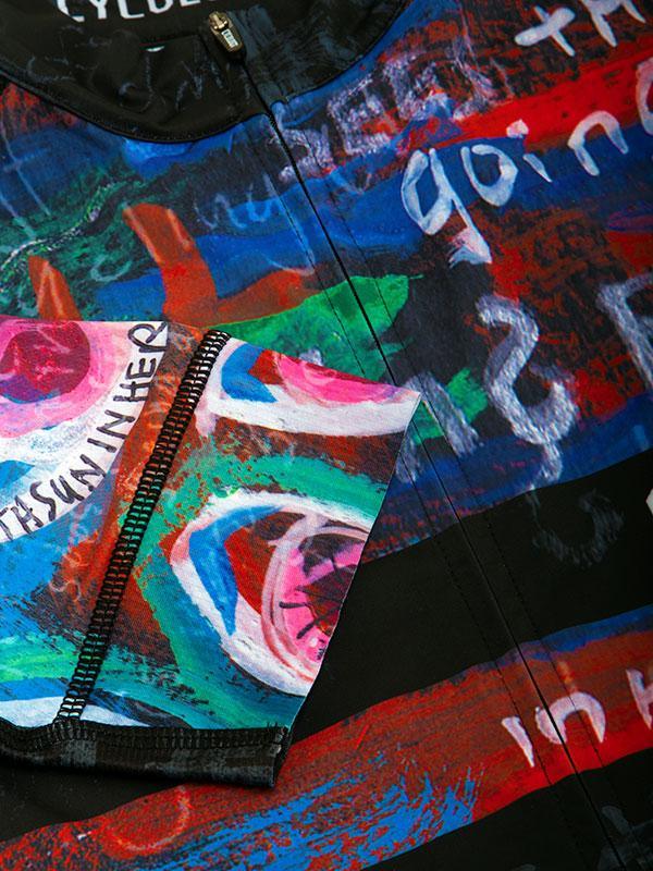 Vibrant abstract cycling jersey with bold graffiti-style art and zipper detail