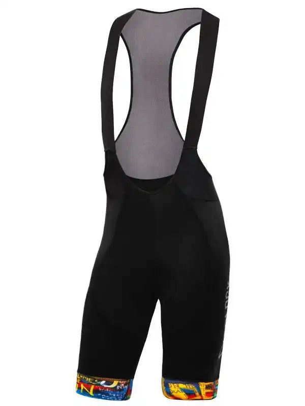 Black women's cycling bib shorts with colorful graphic leg bands and mesh back panel