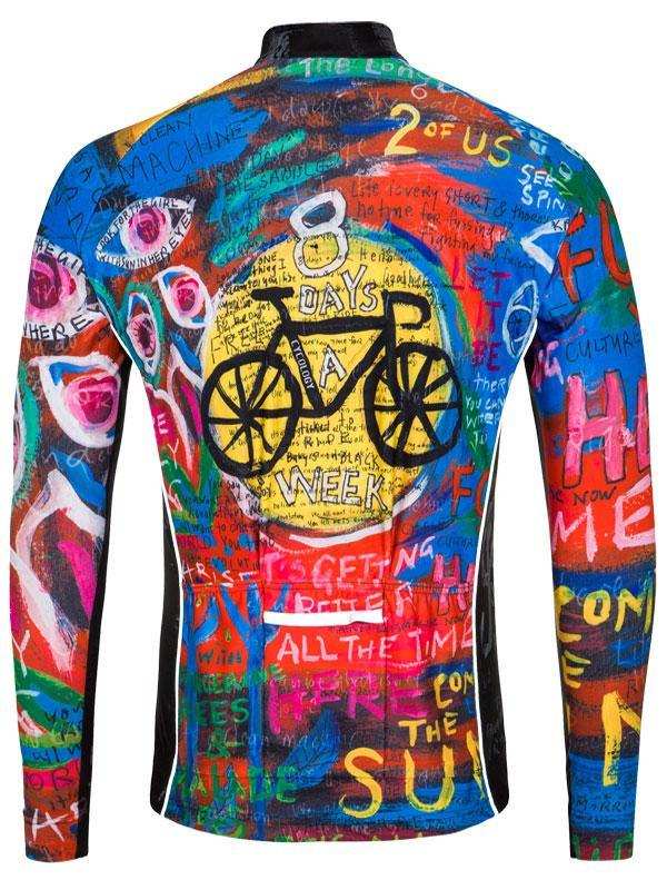 Men's long sleeve cycling jersey with vibrant graffiti art, bold text, and bicycle graphic design
