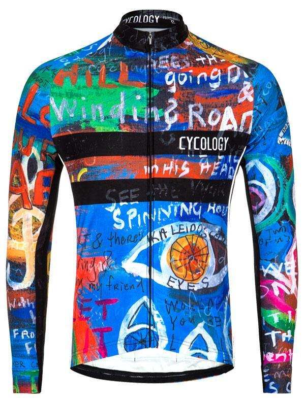 Men's long sleeve cycling jersey with vibrant graffiti-style print and full zip front