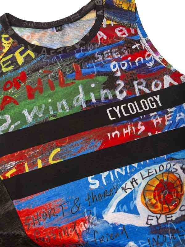 Colorful cycling jersey with graffiti-style art and 'Cycology' branding, designed for men and women riders.