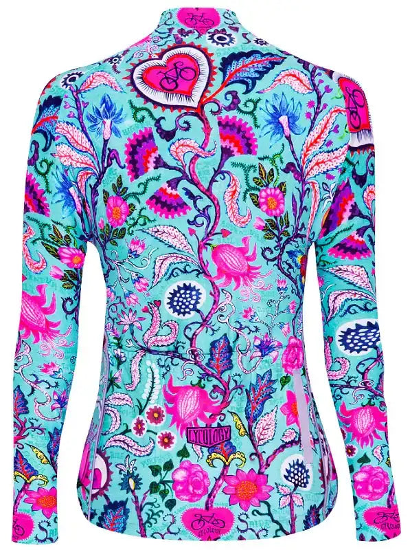 Vibrant floral cycling jersey with pink heart and bike motifs, long-sleeve women's bike wear
