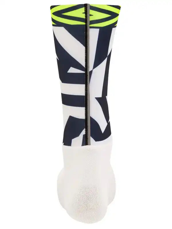 Cycling sock with bold black, white, and neon yellow geometric pattern, ideal for road or mountain biking.
