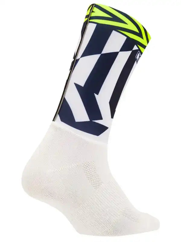 Cycling sock with navy, white, and neon yellow geometric design, breathable mesh fabric
