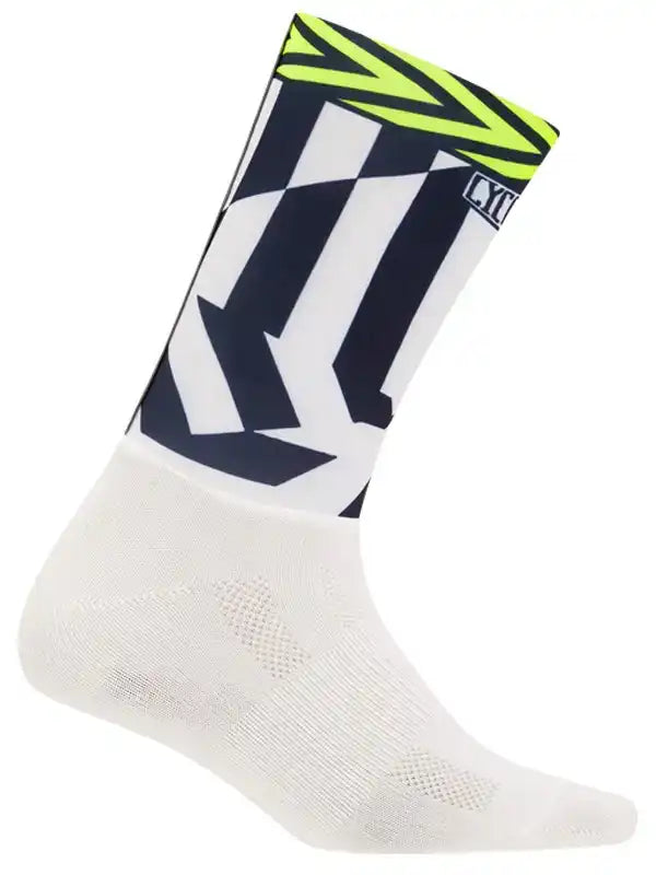 Cycling sock with bold black, white, and neon green geometric design, breathable mesh fabric