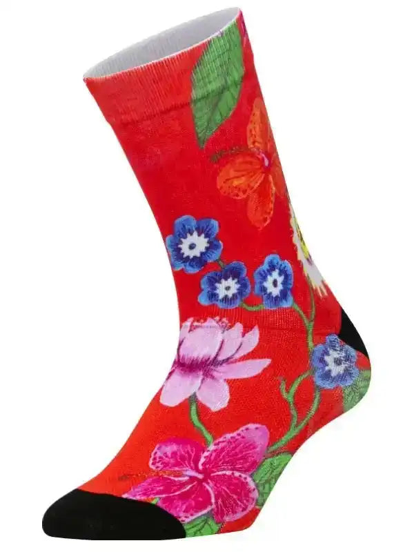 Red cycling sock with floral pattern, blue and pink flowers, green leaves, black toe and heel