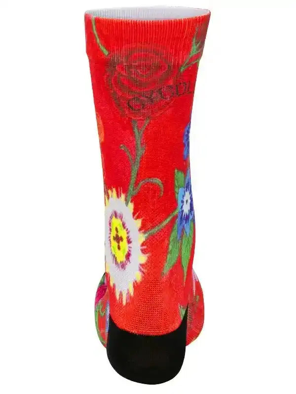 Vibrant red cycling sock with floral pattern, ideal for men's and women's bike rides