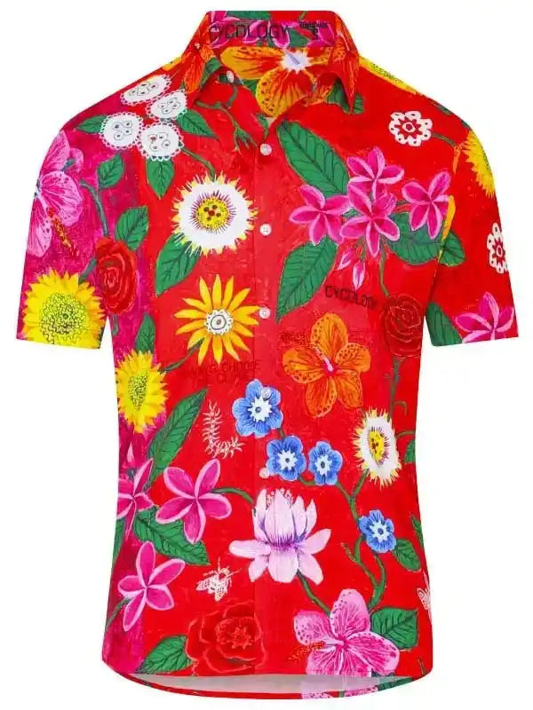 Vibrant red floral cycling shirt with tropical flowers and green leaves, short sleeve design