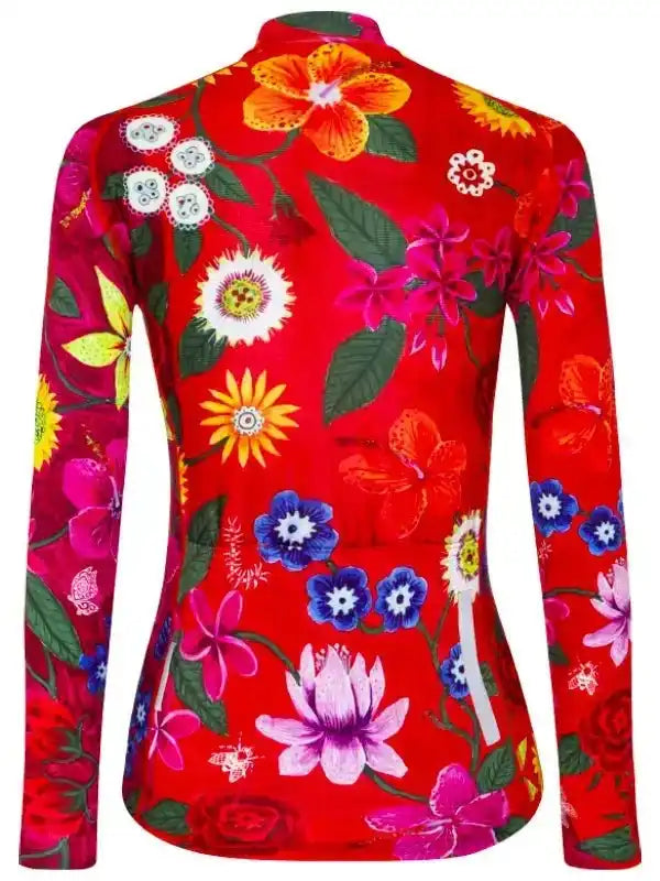 Vibrant red women's cycling jersey with colorful floral print, long sleeves, and high collar for active rides.