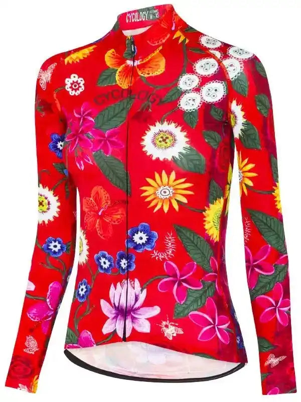 Red floral women's cycling jersey with long sleeves, vibrant tropical print, and full zip front