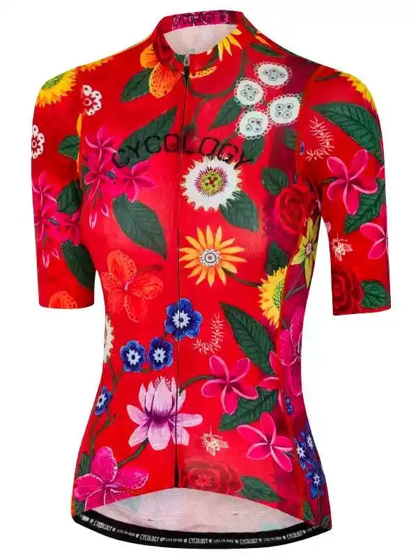 Women's red floral cycling jersey with vibrant tropical print and full zip front