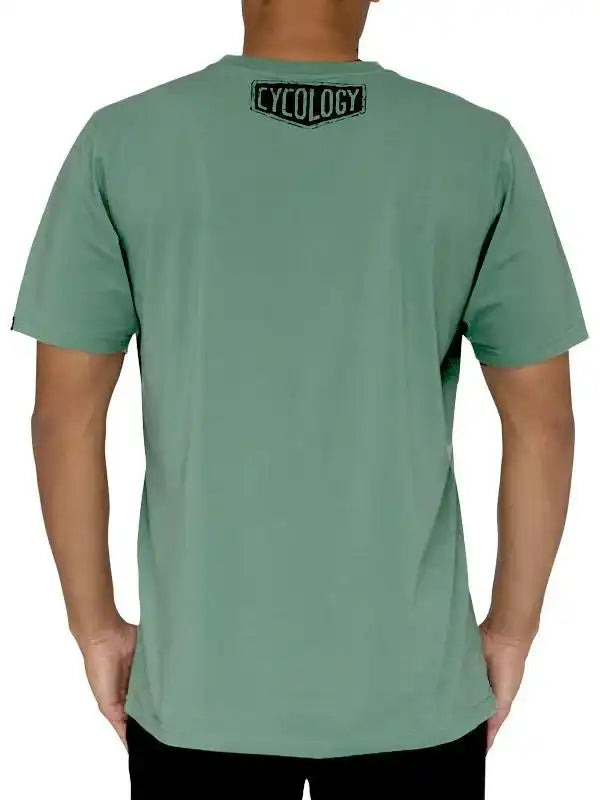 Men's sage green cycling t-shirt with back logo, ideal for bike rides and casual wear.