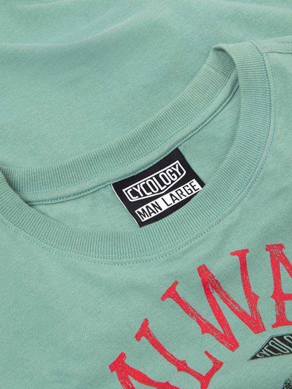 Mint green men's cycling t-shirt with red graphic print and Cycology brand tag, size large