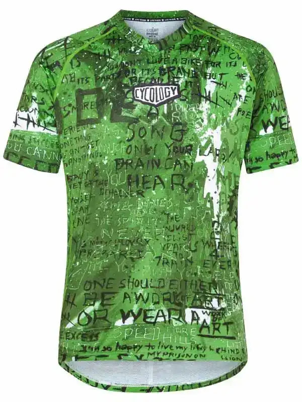 Green men's cycling jersey with bold text print, ideal for road biking and performance rides.