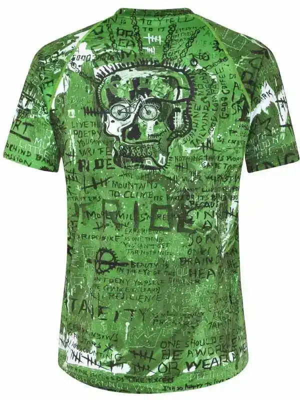 Green cycling jersey with skull and bike graphic, bold text print, men's bike wear